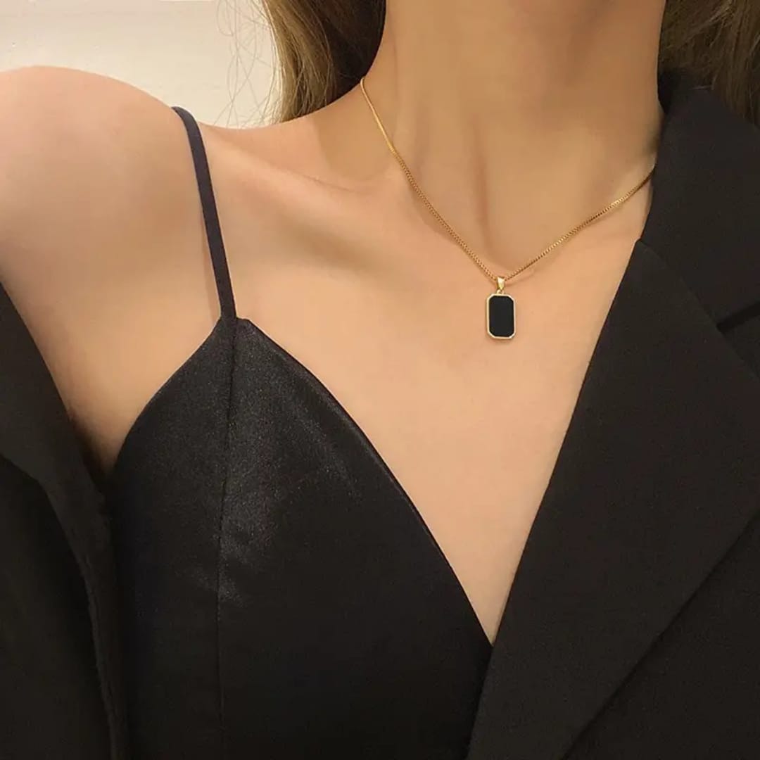 Gold Flat Chain Necklace with Black Pendant