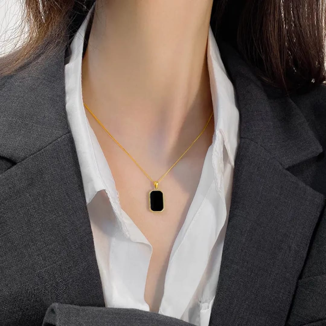 Gold Flat Chain Necklace with Black Pendant