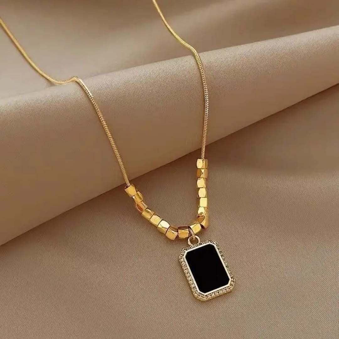Gold Flat Chain Necklace with Black Pendant