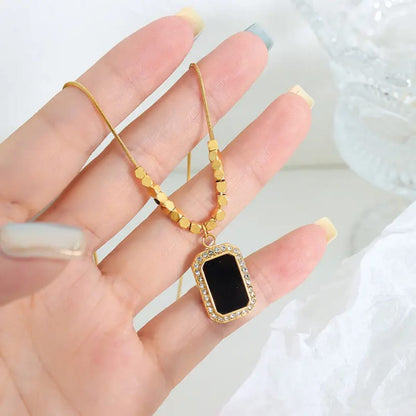 Gold Flat Chain Necklace with Black Pendant