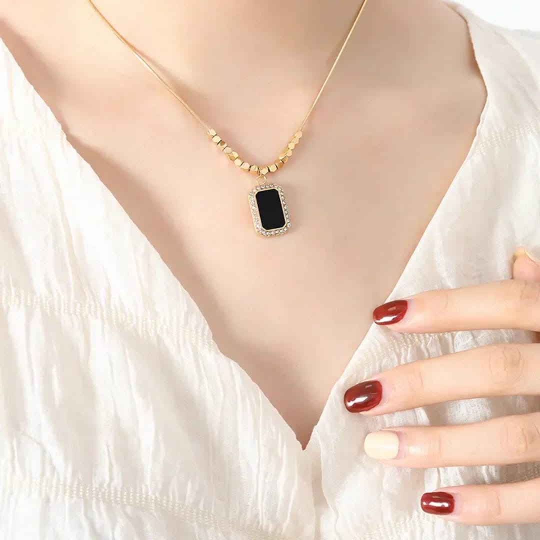 Gold Flat Chain Necklace with Black Pendant