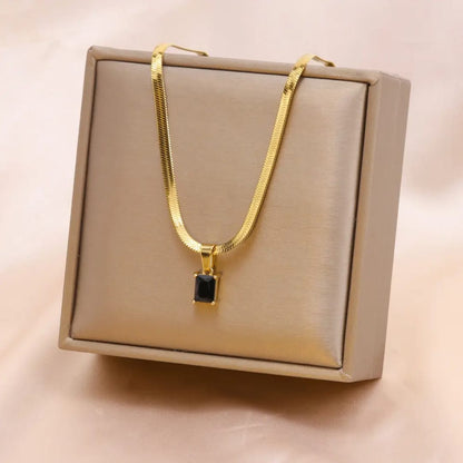 Gold Flat Chain Necklace with Black Pendant