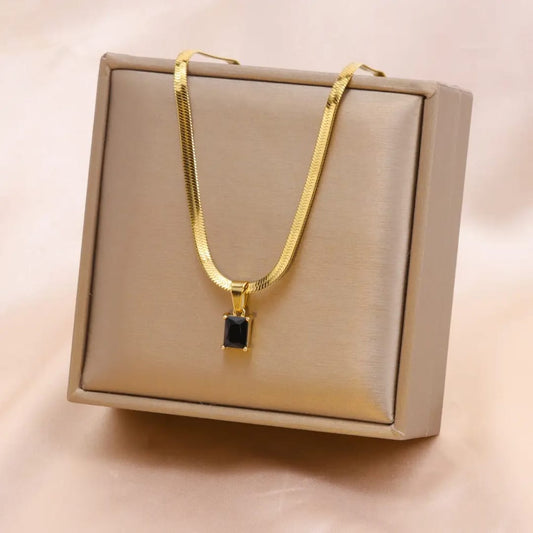 Gold Flat Chain Necklace with Black Pendant