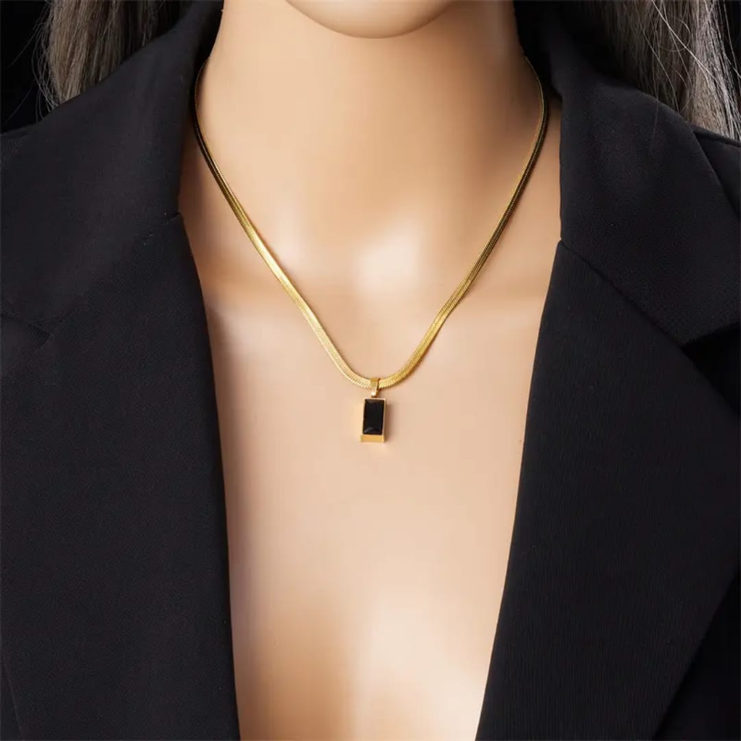 Gold Flat Chain Necklace with Black Pendant