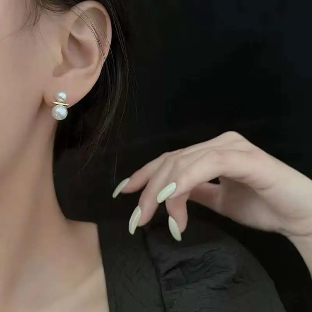 Dual Pearl Drop Earrings with Gold Bar Accent