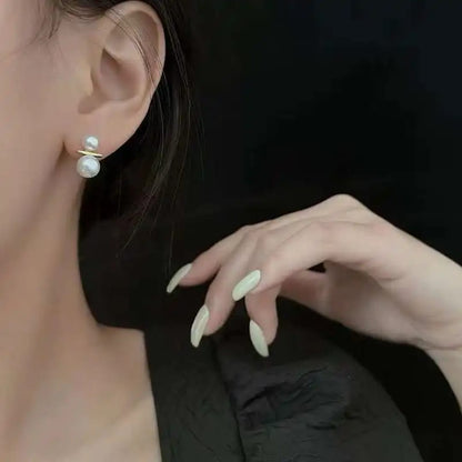 Dual Pearl Drop Earrings with Gold Bar Accent