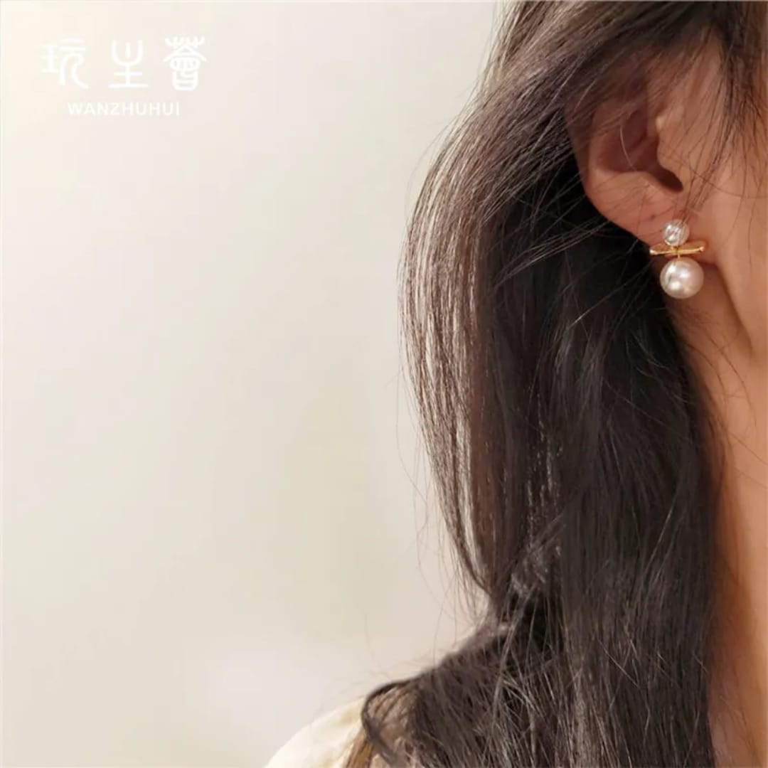 Dual Pearl Drop Earrings with Gold Bar Accent