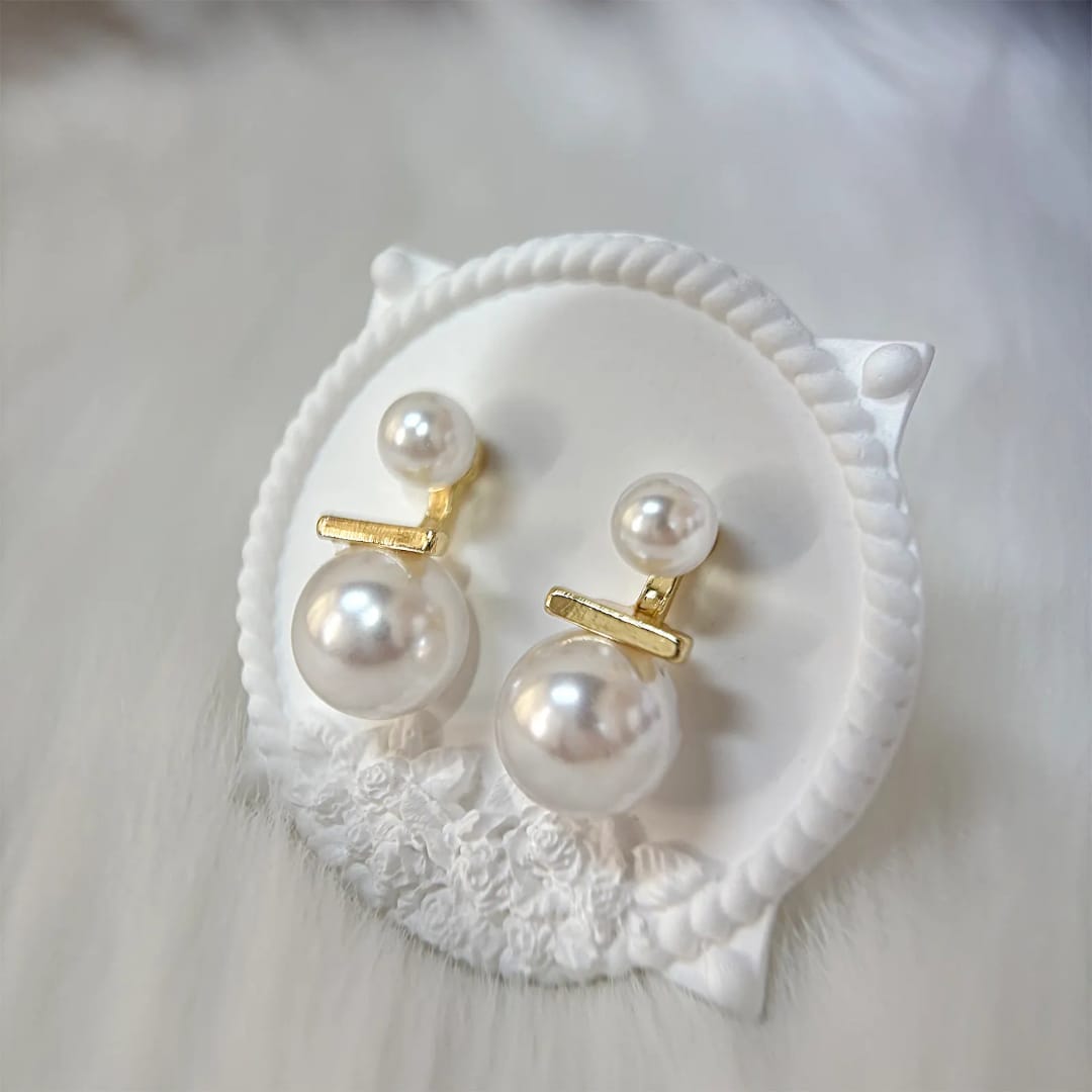 Dual Pearl Drop Earrings with Gold Bar Accent