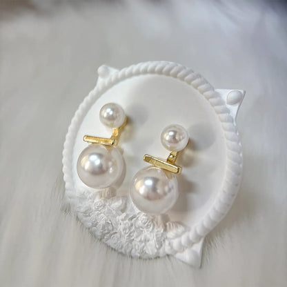 Dual Pearl Drop Earrings with Gold Bar Accent