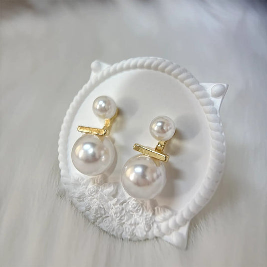 Dual Pearl Drop Earrings with Gold Bar Accent