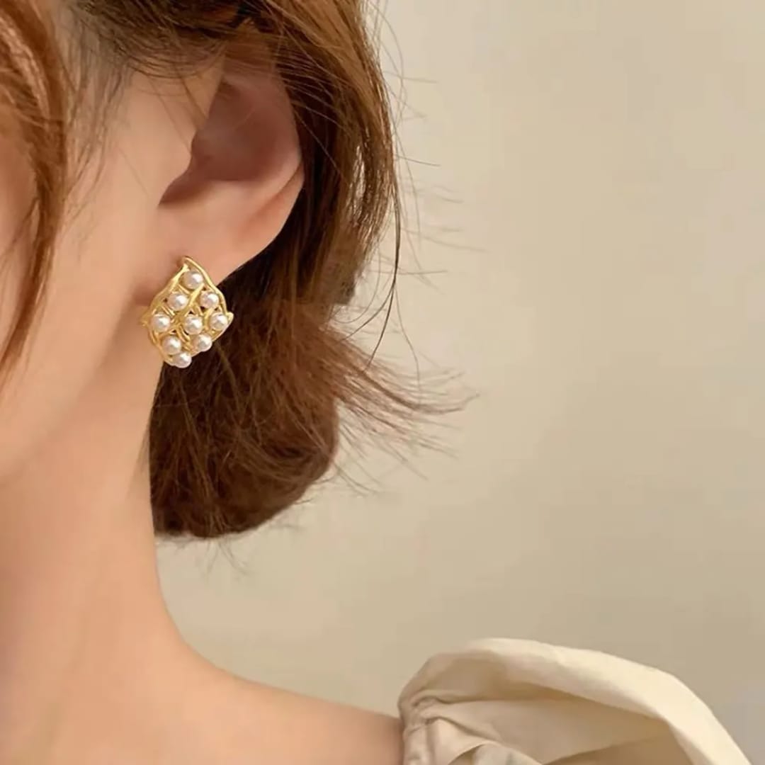 Pearl Grid Gold-Toned Earrings