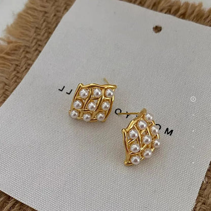 Pearl Grid Gold-Toned Earrings