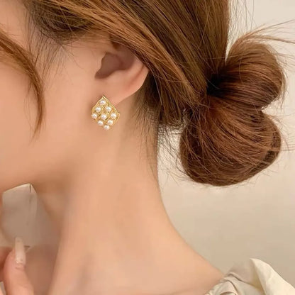 Pearl Grid Gold-Toned Earrings