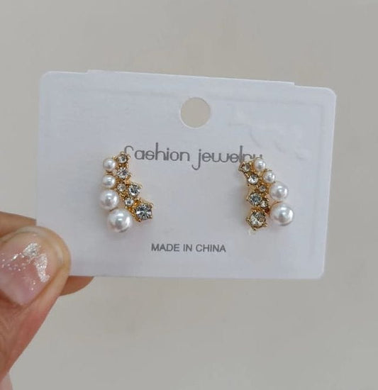 Curved Pearl & Rhinestone Stud Earrings
