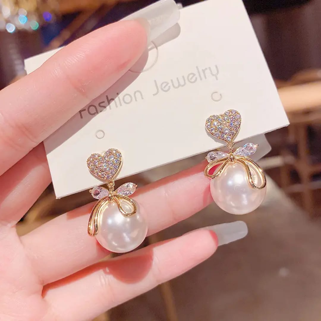 Sparkling Heart & Pearl Drop Earrings