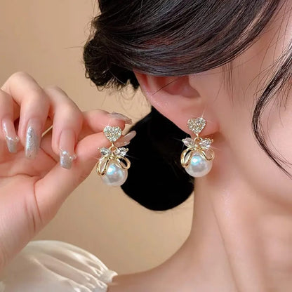 Sparkling Heart & Pearl Drop Earrings
