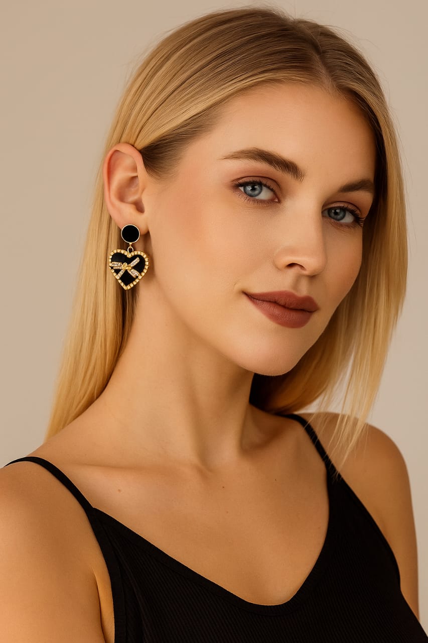 Black & Gold Heart Earrings with Bow Detail