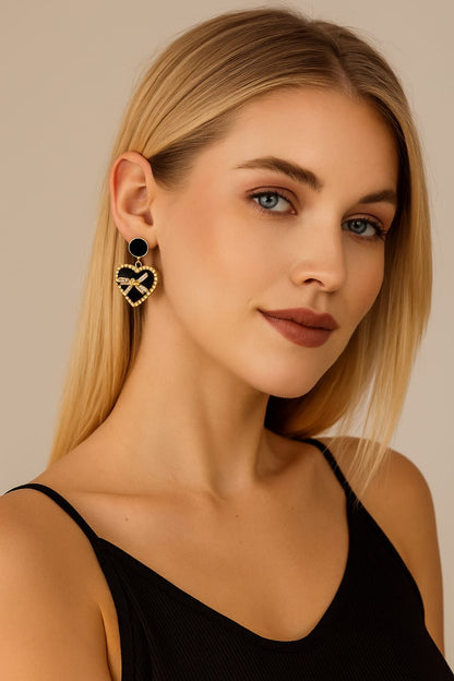 Black & Gold Heart Earrings with Bow Detail