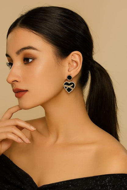 Black & Gold Heart Earrings with Bow Detail