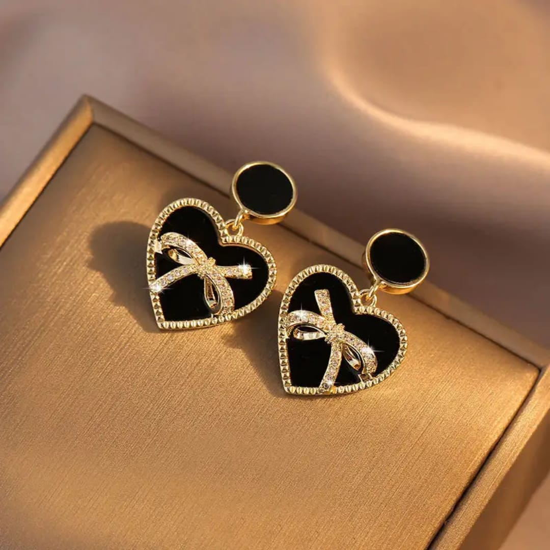 Black & Gold Heart Earrings with Bow Detail