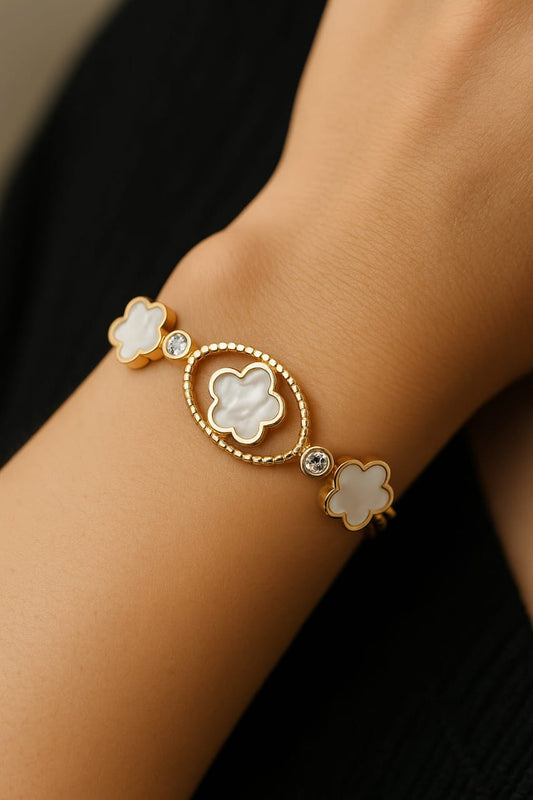 Gold Bracelet with White Clover & Crystal Accents