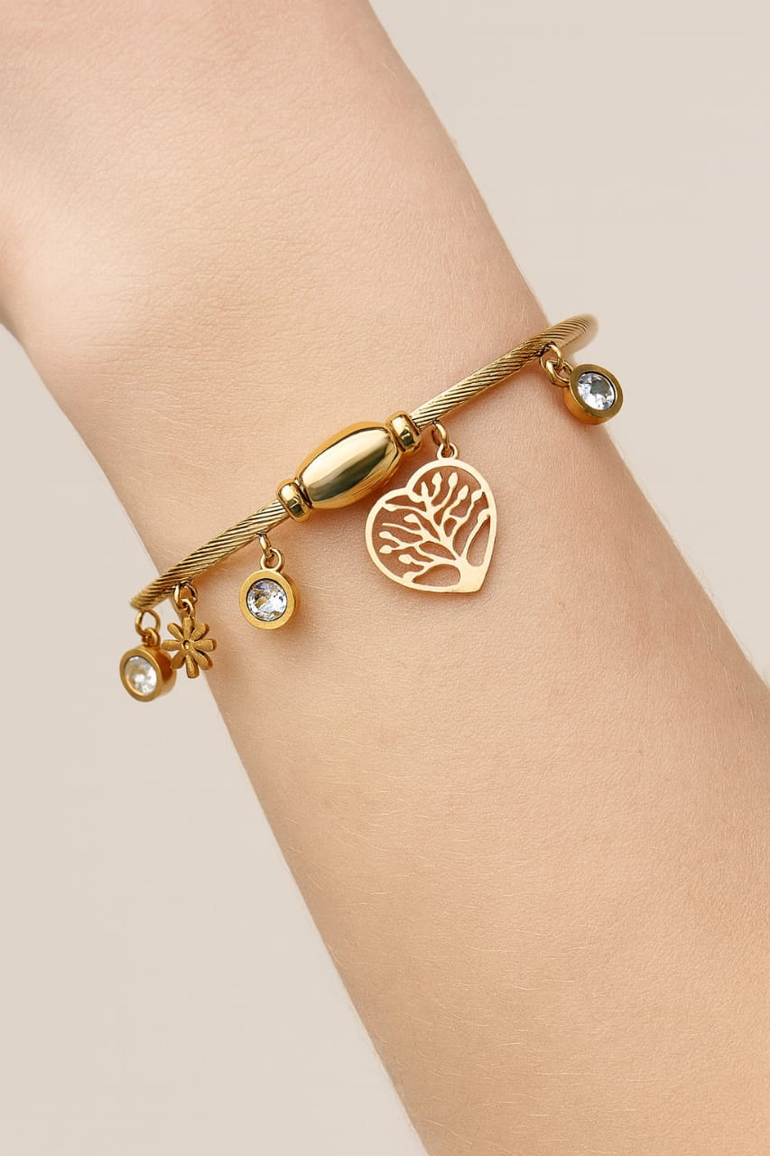 Gold Cable Charm Bracelet with Tree Heart