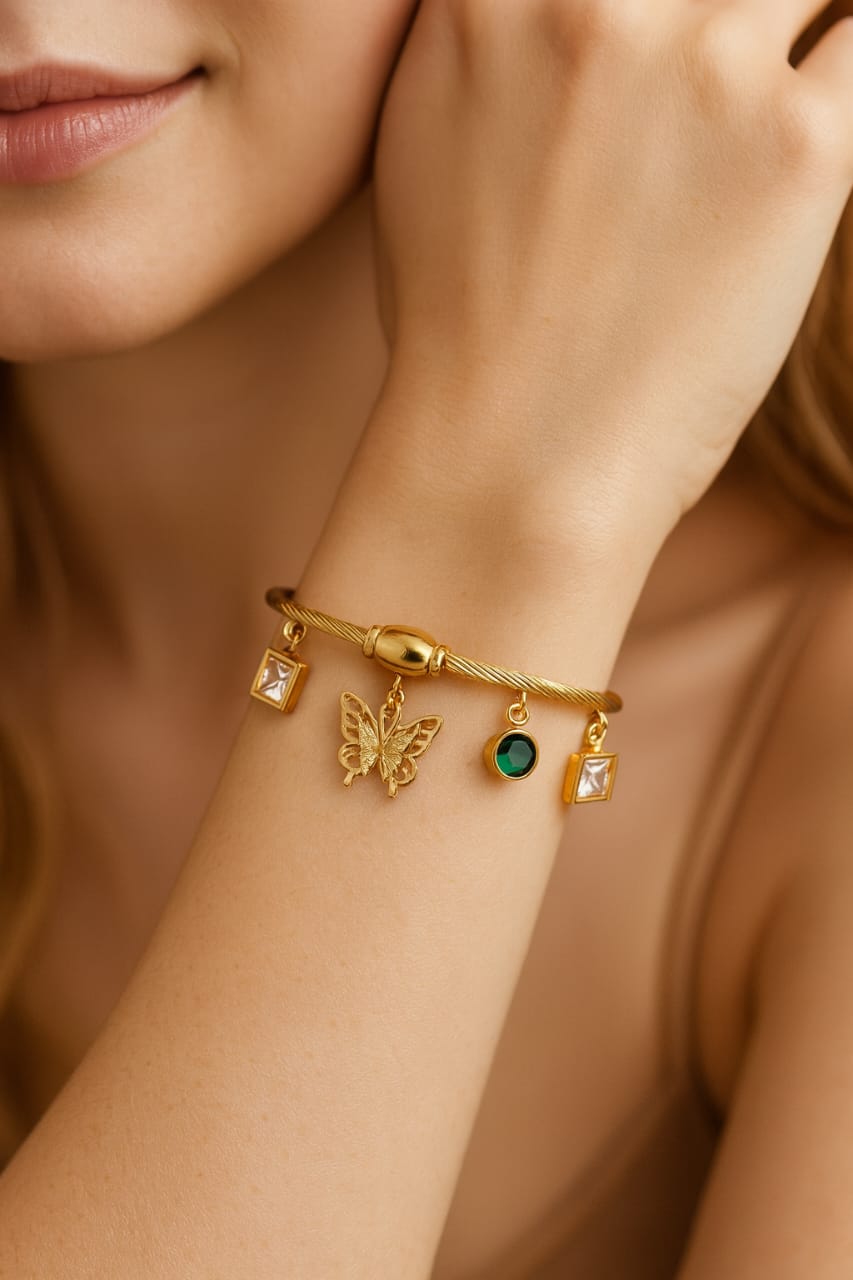 Gold Cable Bracelet with Butterfly & Gem Charms