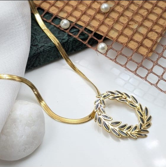 Gold Laurel Necklace with Black Leaf Accents