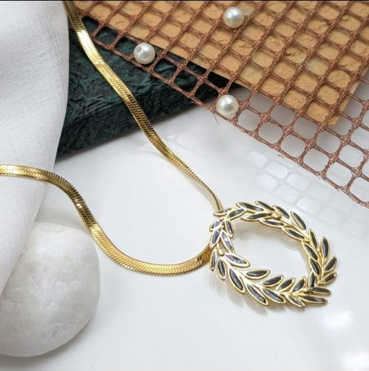 Gold Laurel Necklace with Black Leaf Accents