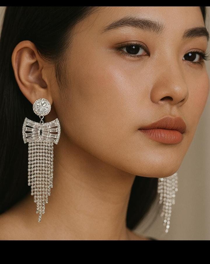 Silver Bow Drop Earrings with Crystal Chains