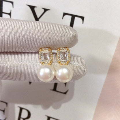 Gold Pearl Drop Earrings with Crystal Studs