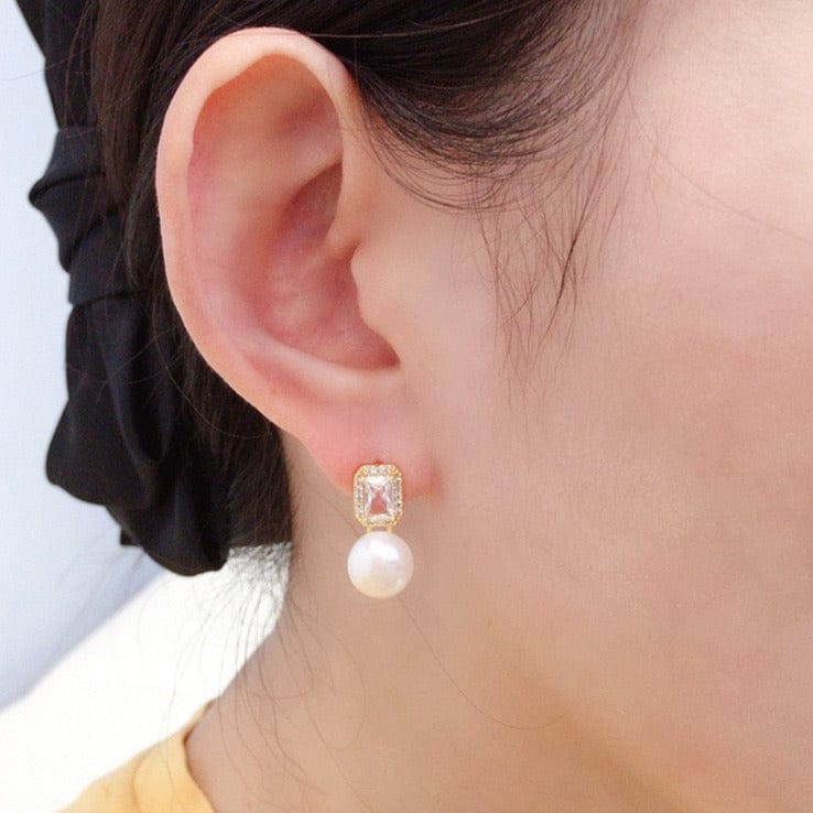 Gold Pearl Drop Earrings with Crystal Studs