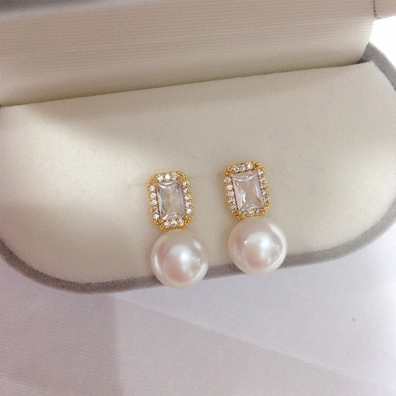 Gold Pearl Drop Earrings with Crystal Studs