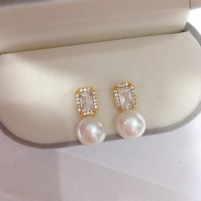 Gold Pearl Drop Earrings with Crystal Studs