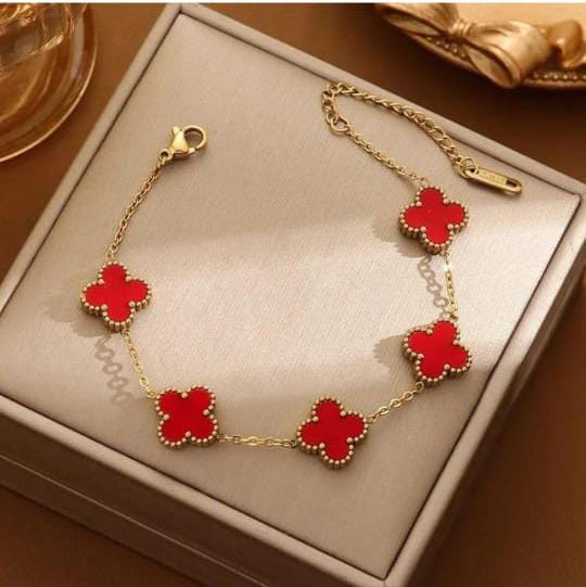 Gold Bracelet with Red Clover Charms