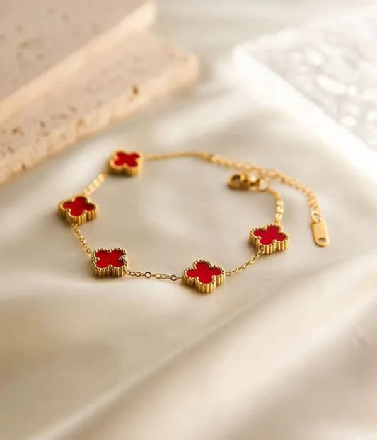 Gold Bracelet with Red Clover Charms