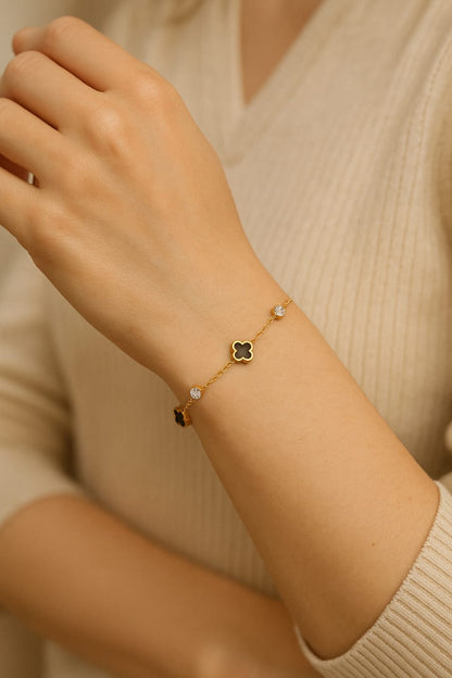 Gold Chain with Black Clover & Crystal Charms