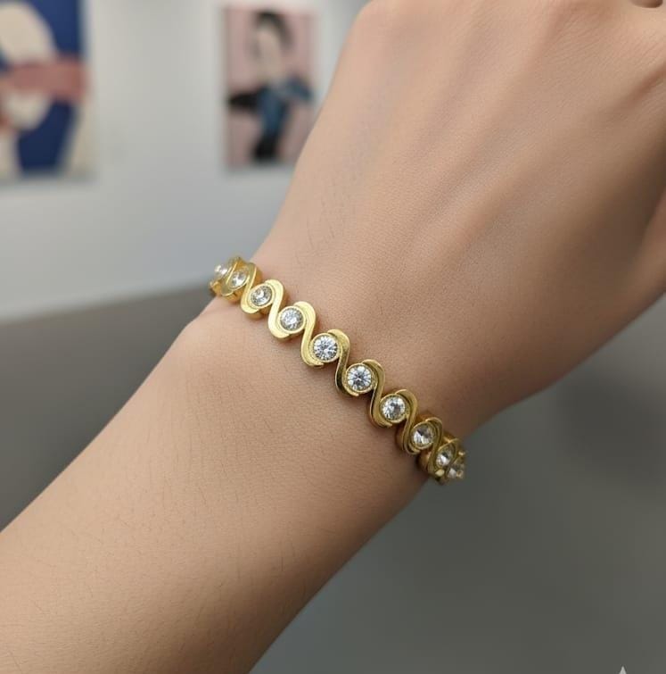 Gold Bracelet with Wave Links & Crystals