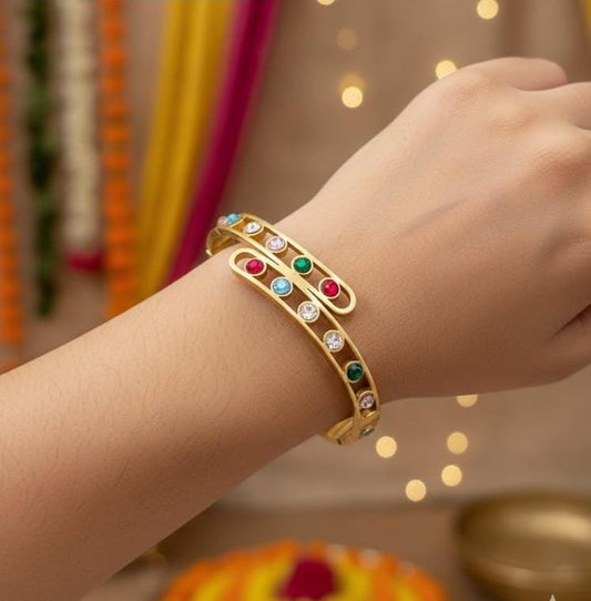 Gold Double-Band Bracelet with Multicolor Stones