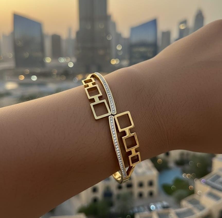 Gold Geometric Bracelet with Crystal Band