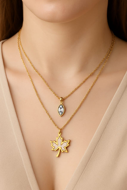 Layered Gold Necklace with Leaf Pendant