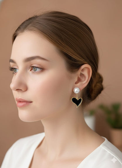 Black Heart Pearl Drop Earrings
