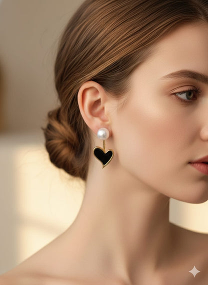 Black Heart Pearl Drop Earrings