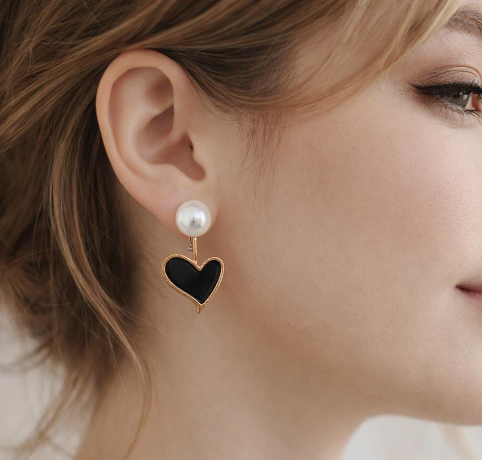 Black Heart Pearl Drop Earrings