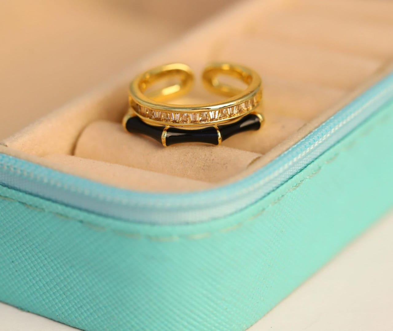 Gold Ring with Black Enamel & Crystals