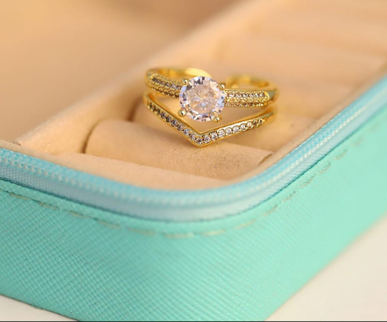 Gold Solitaire & Chevron Ring
