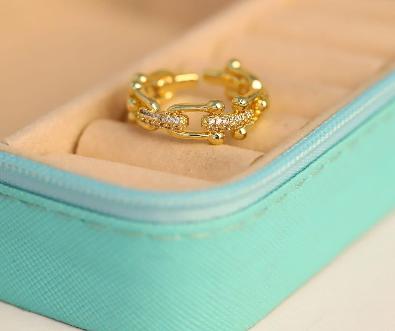 Gold colored Ring with Dual Crystal Bands