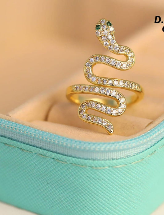 Serpentine Elegance Gold Snake Ring with Gemstone Eyes