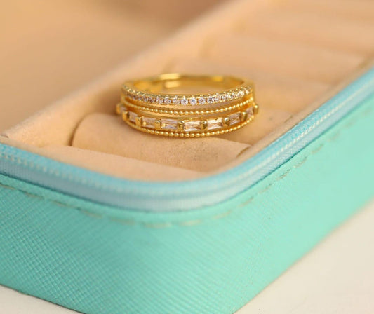 Dual Row Diamond & Baguette-Cut Gold Ring