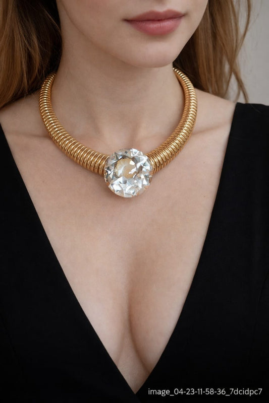 Sitara Luxe: Gold Coil Choker with Crystal Centerpiece